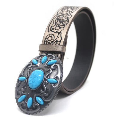 Floral Pattern Turquoise Stone Inlaid Leather Belt