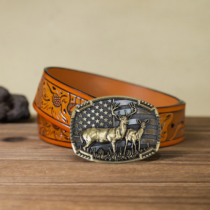 Men's DIY Deer Hunter American Flag Buckle Leather Belt