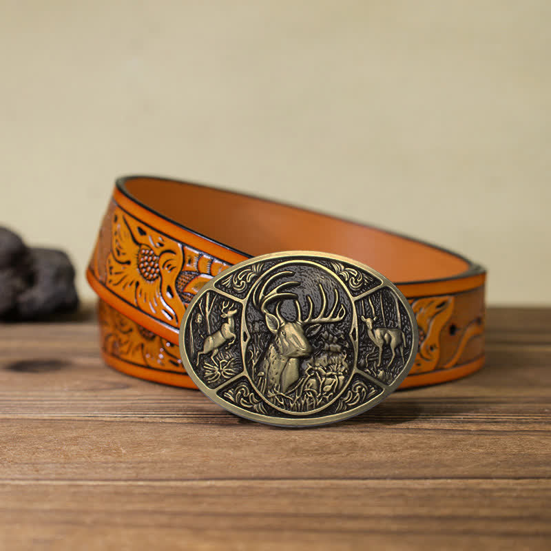 Men's DIY Animal Elk Deer Buckle Leather Belt