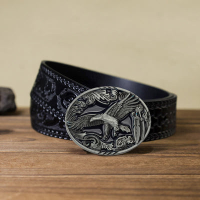 Men's DIY Eagle Leaf Enameled Oval Buckle Leather Belt