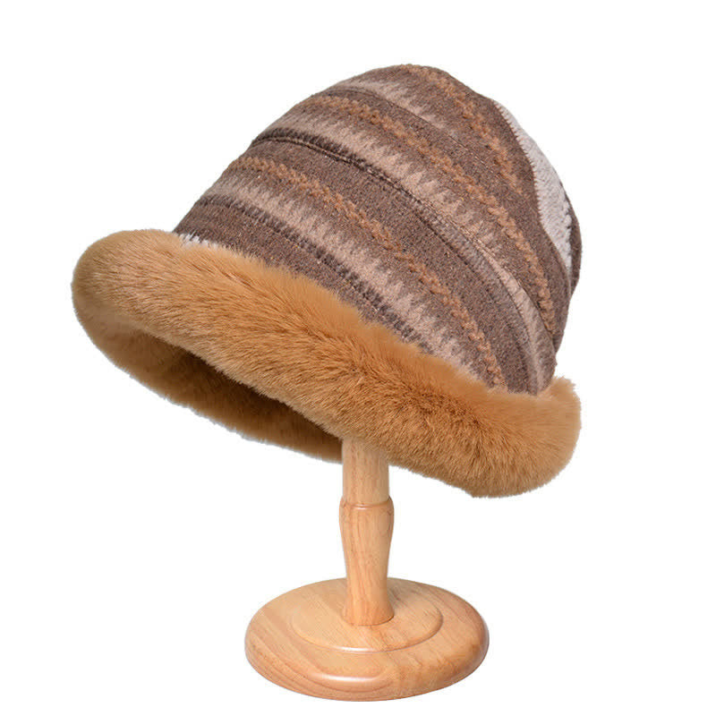 Women's Striped Warm Plush Brim Bucket Hat