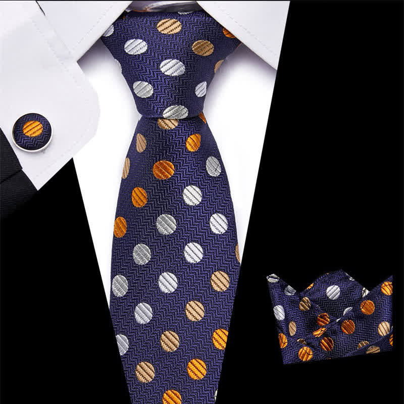 3Pcs Men's Orange & Navy Polka Dots Necktie Set