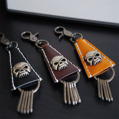 Punk Skull Head Handmade Leather Keychain