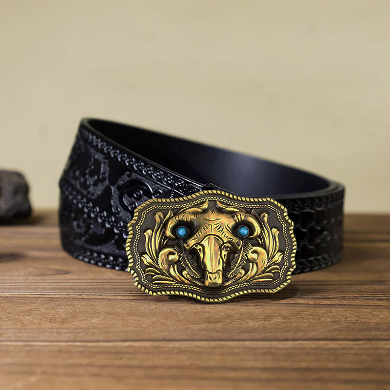 Men's DIY Goat Skull Turquoise Buckle Leather Belt