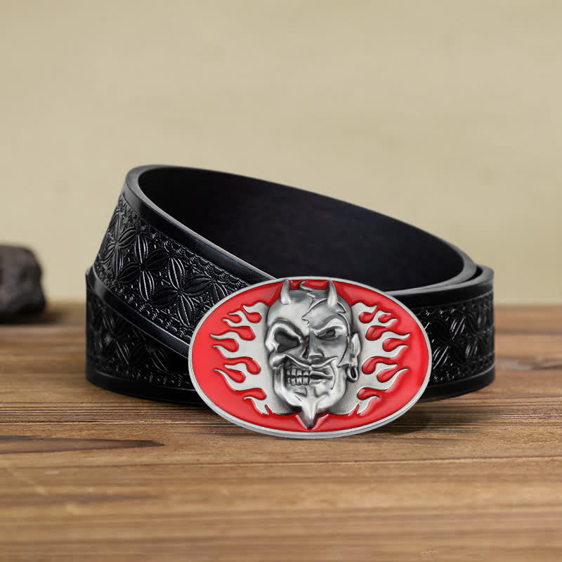 Men's DIY Red Flame Devil Skull Buckle Leather Belt