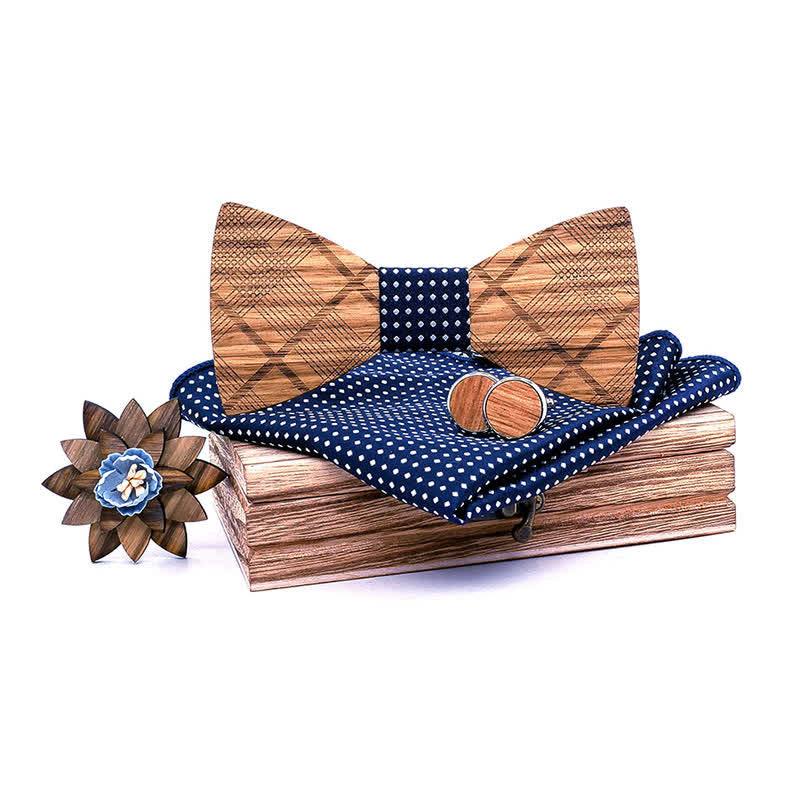 4Pcs Men's Classic Plaids Wooden Bow Tie Set