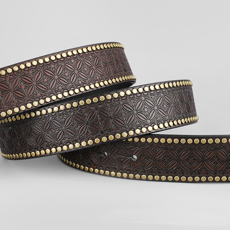 Men's Western Horse Relief Rivet Studded Leather Belt