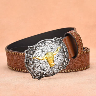 Men's Punk Rivet Gold Longhorn Bull Leather Belt