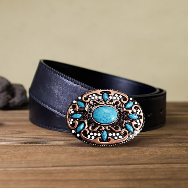 Men's DIY Turquoise Mixed Stones Buckle Leather Belt