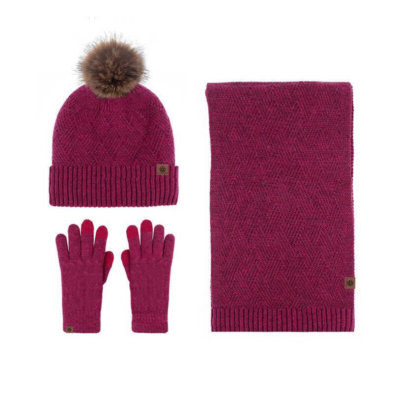 3Pcs Women's Pompom Woven Hat Scarf Touchscreen Gloves Set