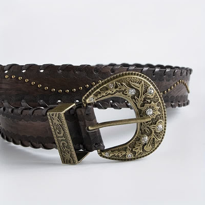 Women's Retro Rhinestone Rivet Embossed Leather Belt