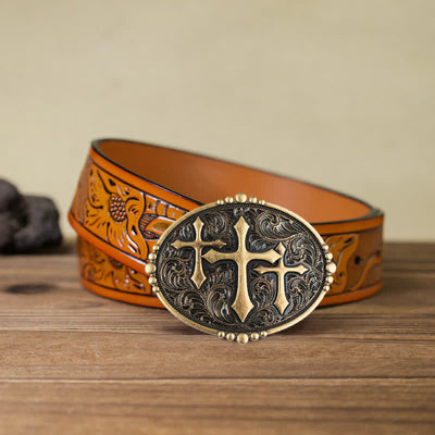 Men's DIY Three Crosses Attitude Buckle Leather Belt