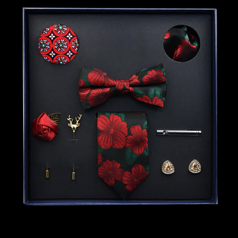 8Pcs DarkGreen&Red Vintage Leaf Necktie Bow Ties Gift Box