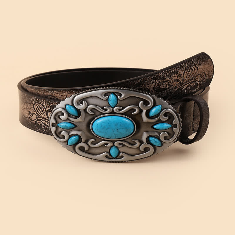 Women's Turquoise Decor Oval Buckle Leather Belt