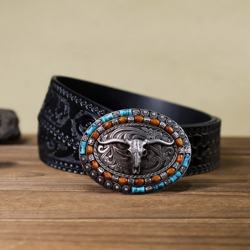 Men's DIY Turquoise Wood Bead Bull Buckle Leather Belt