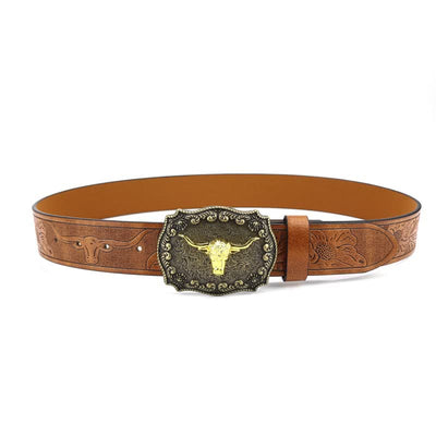 Men's Square Engraved Bull Flower Leather Belt