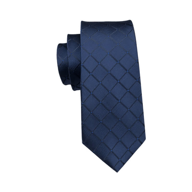 3Pcs Men's Marine Blue Plaid Necktie Set