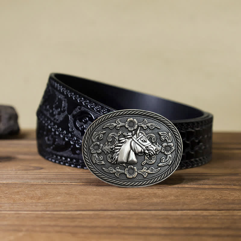 Men's DIY Western Horse Floral Buckle Leather Belt