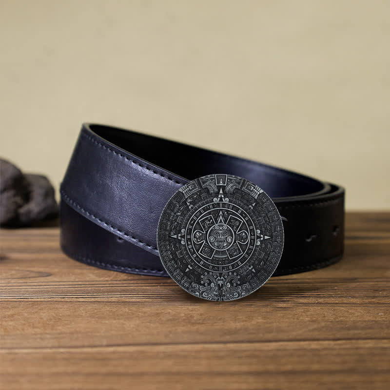 Men's DIY Aztec Mayan Big Round Buckle Leather Belt