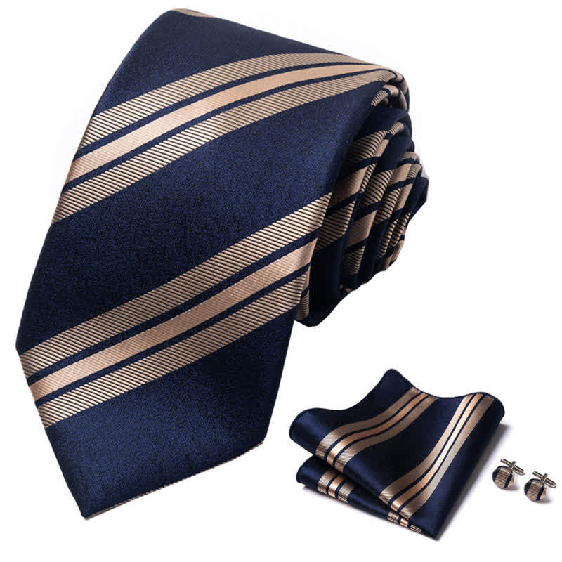 3Pcs Men's Navy & Wheat Striped Necktie Set