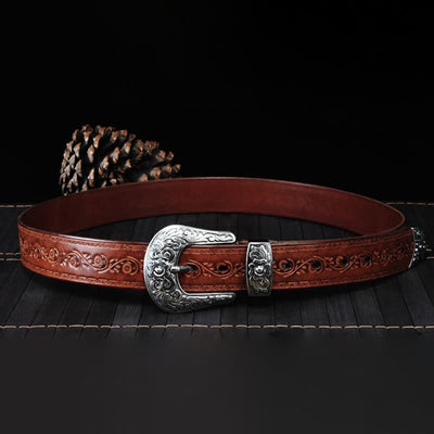 Unisex Rustic Texture Flower Printing Leather Belt