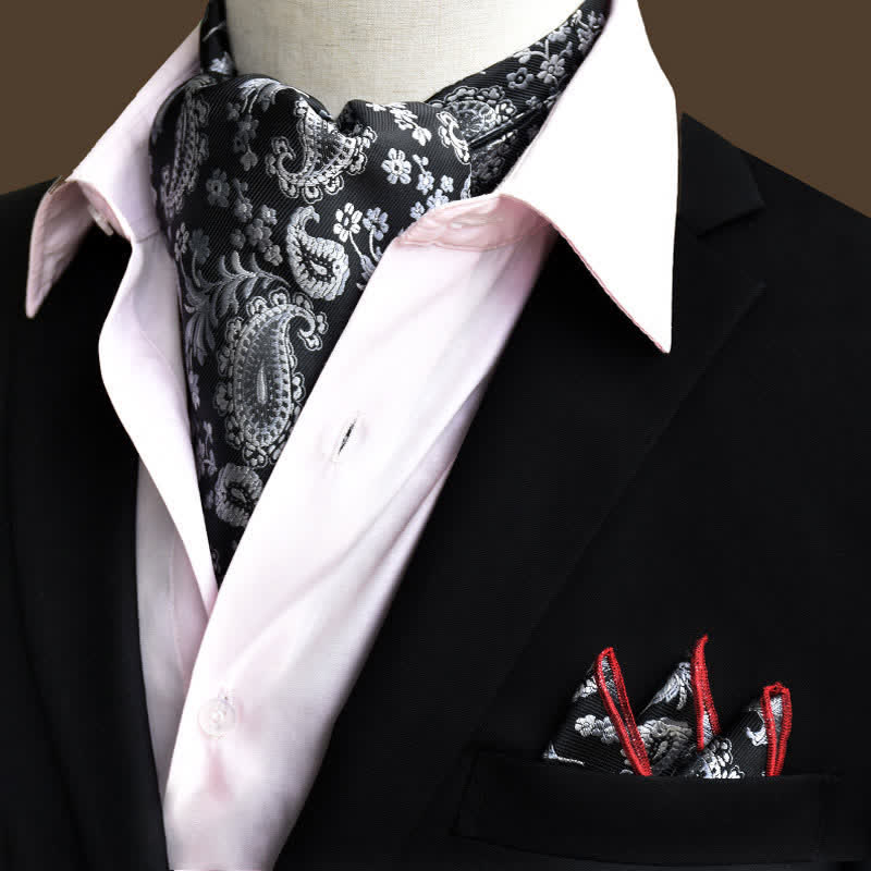 2Pcs Black&White Luxury Floral Paisley Pocket Square and Cravat Set