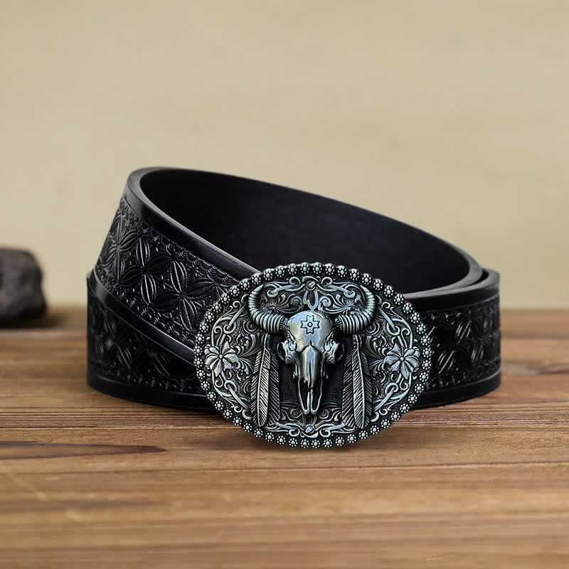 Men's DIY Bull Ethnic Feather Decor Buckle Leather Belt