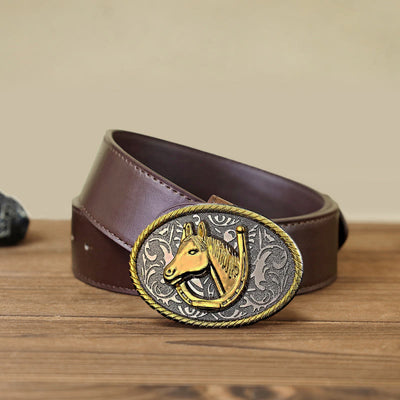 Men's DIY Golden Horseshoe Buckle Leather Belt