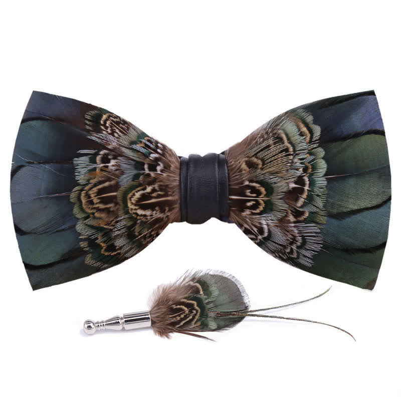 Primordial Forest Green Feather Bow Tie with Lapel Pin