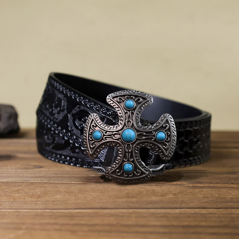 Men's DIY Retro Turquoise Stone Cross Buckle Leather Belt