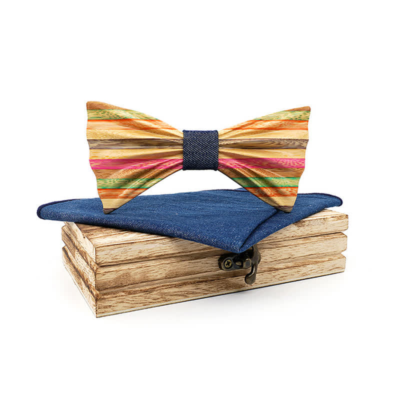 2Pcs Men's Rainbow Wrinkle Wooden Bow Tie Set