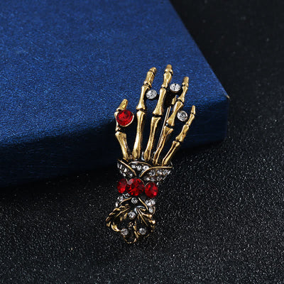 Men's Skeleton Finger Hand Rhinestone Brooch Pin