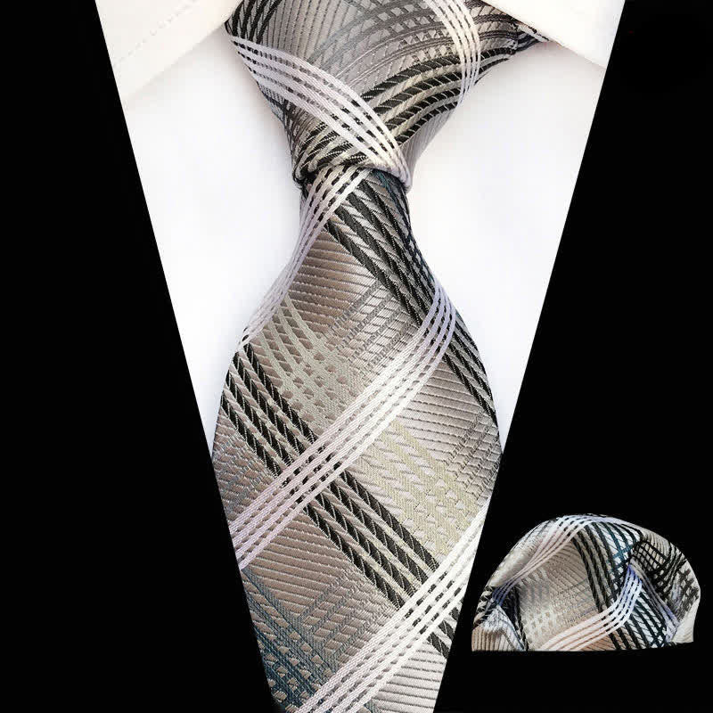 2Pcs DarkKhaki Men's Aristocratic Plaid Cravat Necktie Set