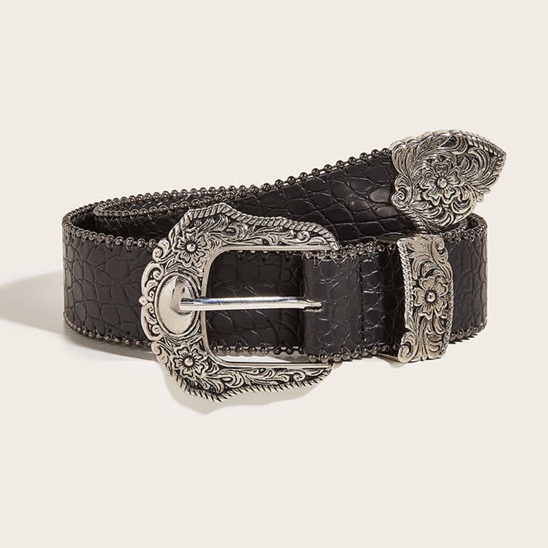 Women's Macrame Edge Crocodile Print Leather Belt