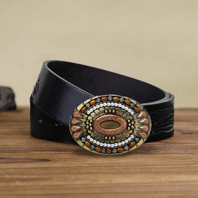 Men's DIY Indian Wood Bead Buckle Leather Belt