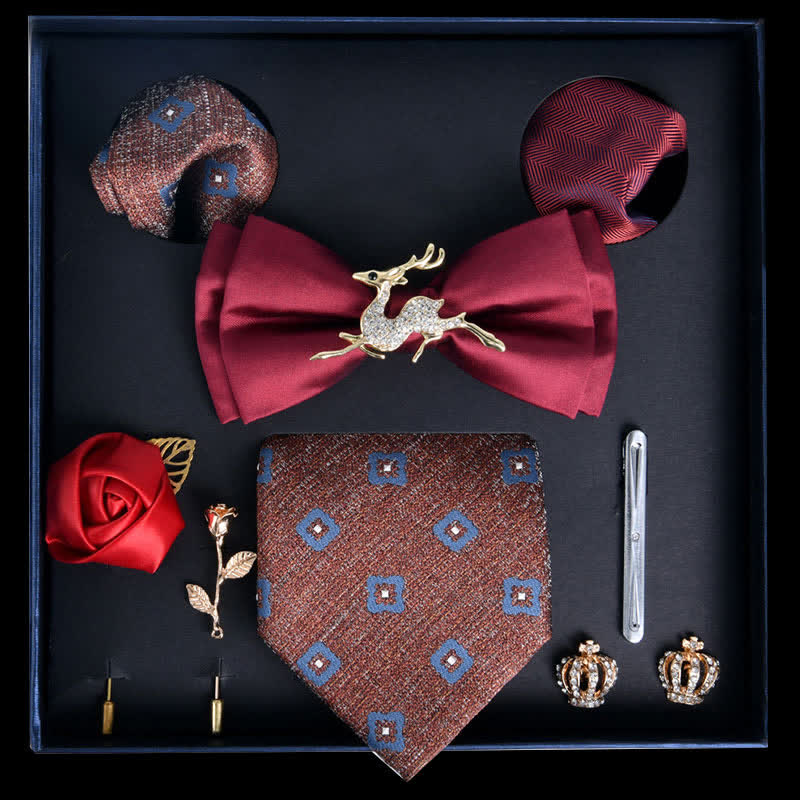 8Pcs Red&Chocolate Luxury Noble Print Bow Ties Gift Box