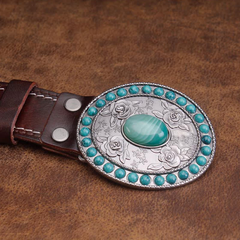 Unisex Carved Rose Turquoise Jade Agate Leather Belt
