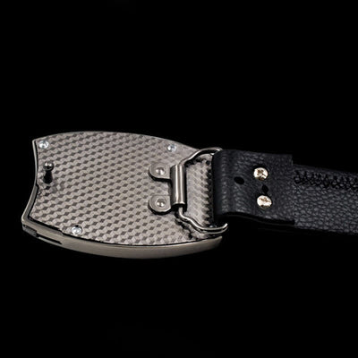 Men's Gold Wolf Head Leather Belt With Folding Knife