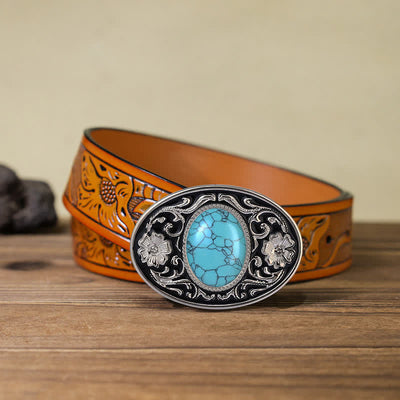 Men's DIY Turquoise Stone Western Buckle Leather Belt