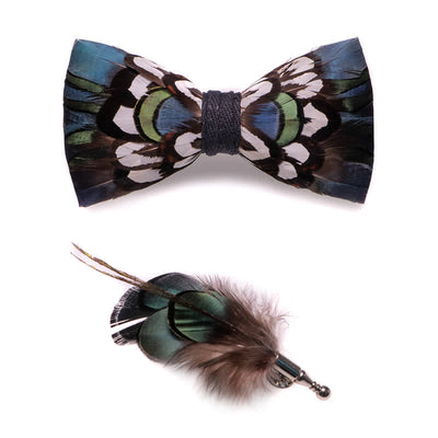 DarkCyan Teal Feather Bow Tie with Lapel Pin