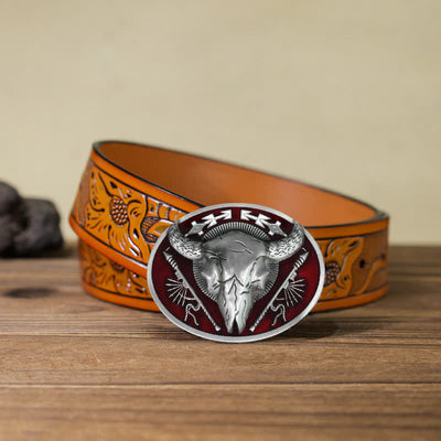 Men's DIY Indian Theme Bull Skull Buckle Leather Belt