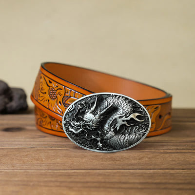 Men's DIY Large Fire Dragon Buckle Leather Belt