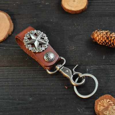 Lone Star Badge Cowhide Leather Keychain