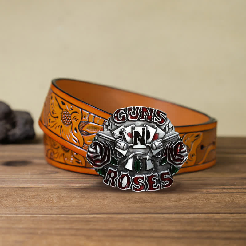 Men's DIY Double Guns Roses Buckle Leather Belt