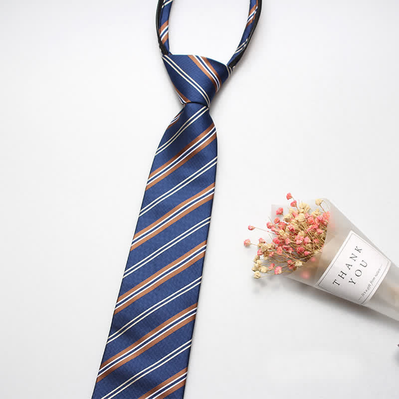 Men's Preppy Zipper Tie Thin Striped Necktie