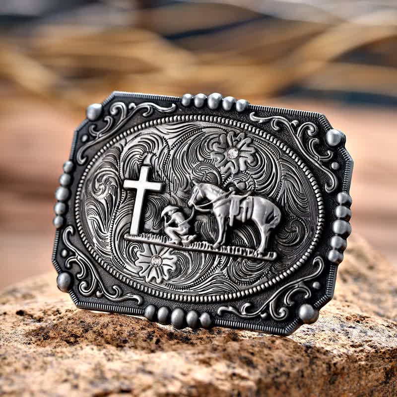 Men's DIY Horse Cross Kneeling Prayer Buckle Leather Belt