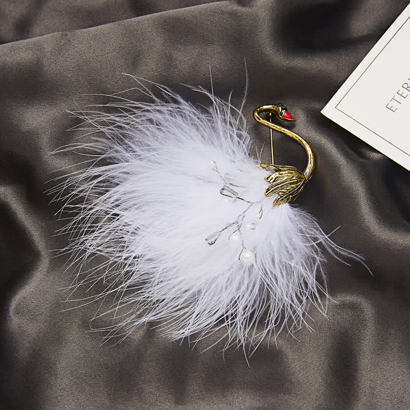 Women's Black / White Swan Plush Feather Brooch