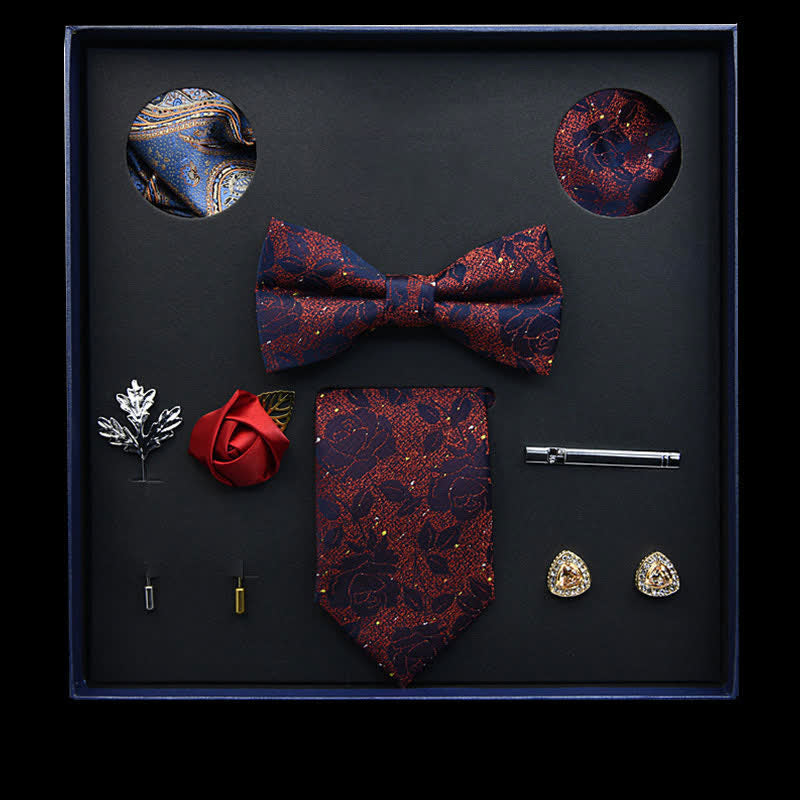8Pcs Red&Blue Vintage Leaf Necktie Bow Ties Gift Box