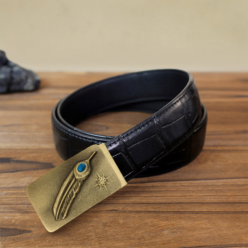Men's DIY Embossed Feather Turquoise Automatic Buckle Leather Belt