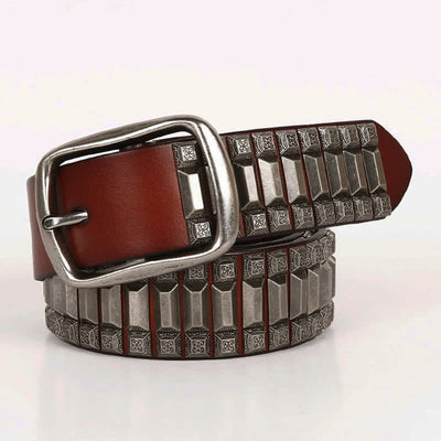 Vintage Geometric Metal Rivet Studded Leather Belt